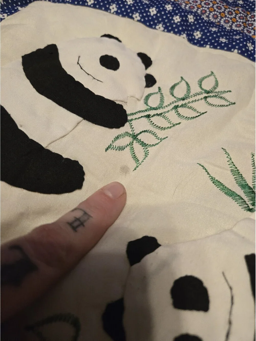 Cute Panda Bear Handmade Baby Quilt Blue Geometric Border Nursery Crib Blanket